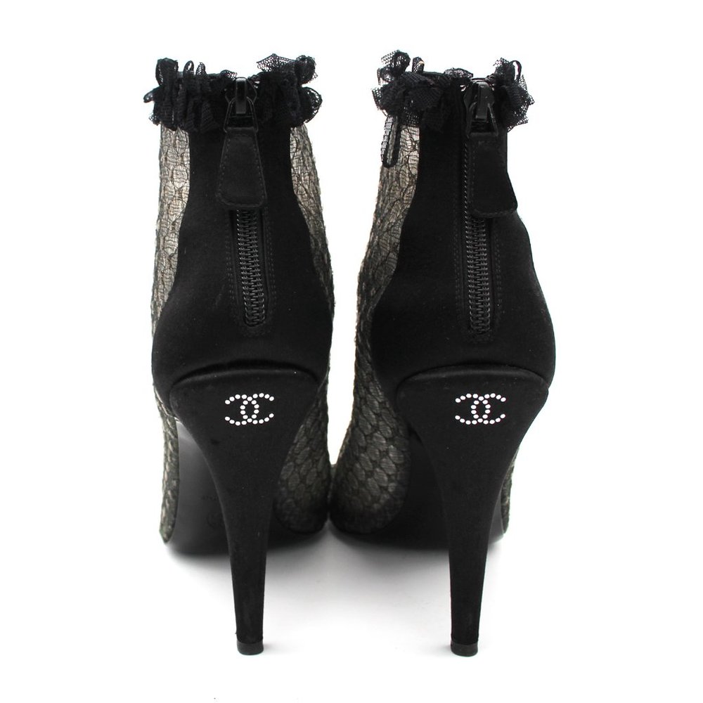 CHANEL Black Sheer Lace Peep Toe Ruffle Lace Trim Heeled Ankle Bootie Shoe 38.5 - Picture 5 of 10